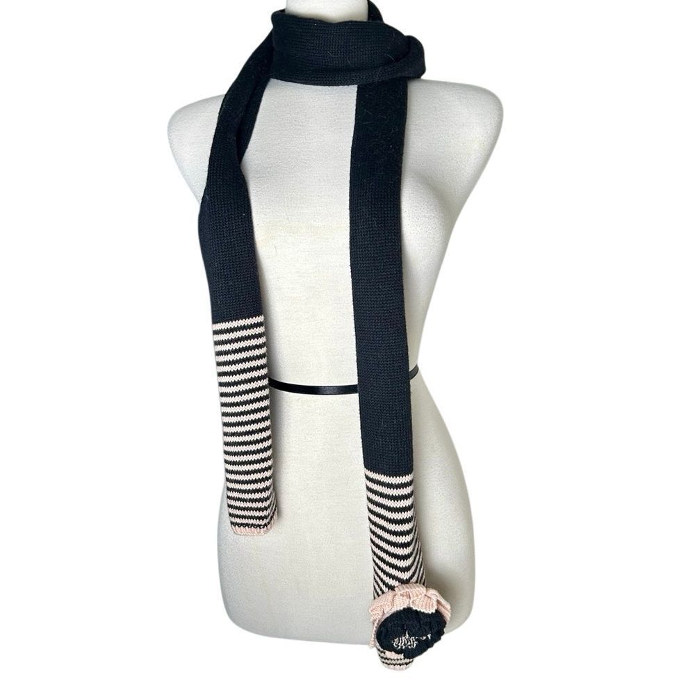 Y2K Skinny Knit Scarf Stripes Pastel Pink Black Rossette Flower Vintage Express